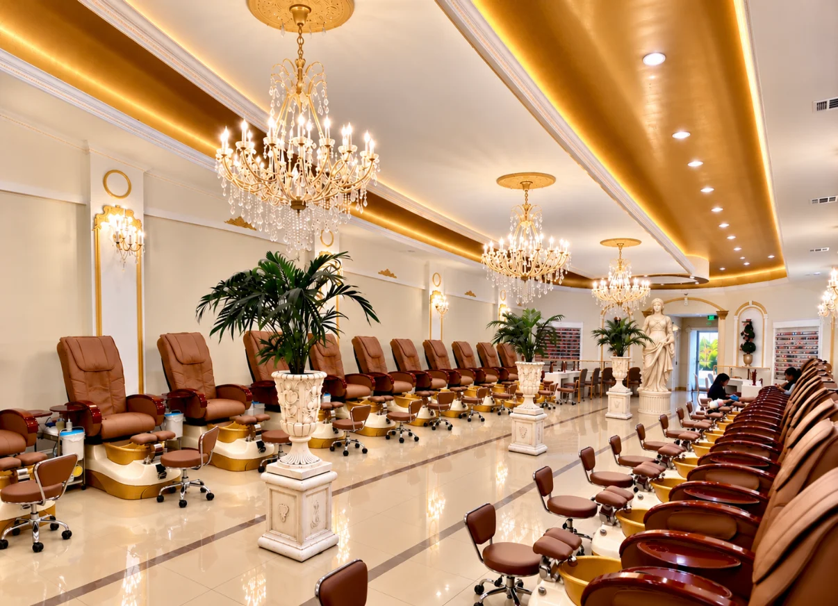 Crystal chandeliers, gold ceilings, and two rows of pedicure chairs at 7 Sisters, with daylight through the rear doorway