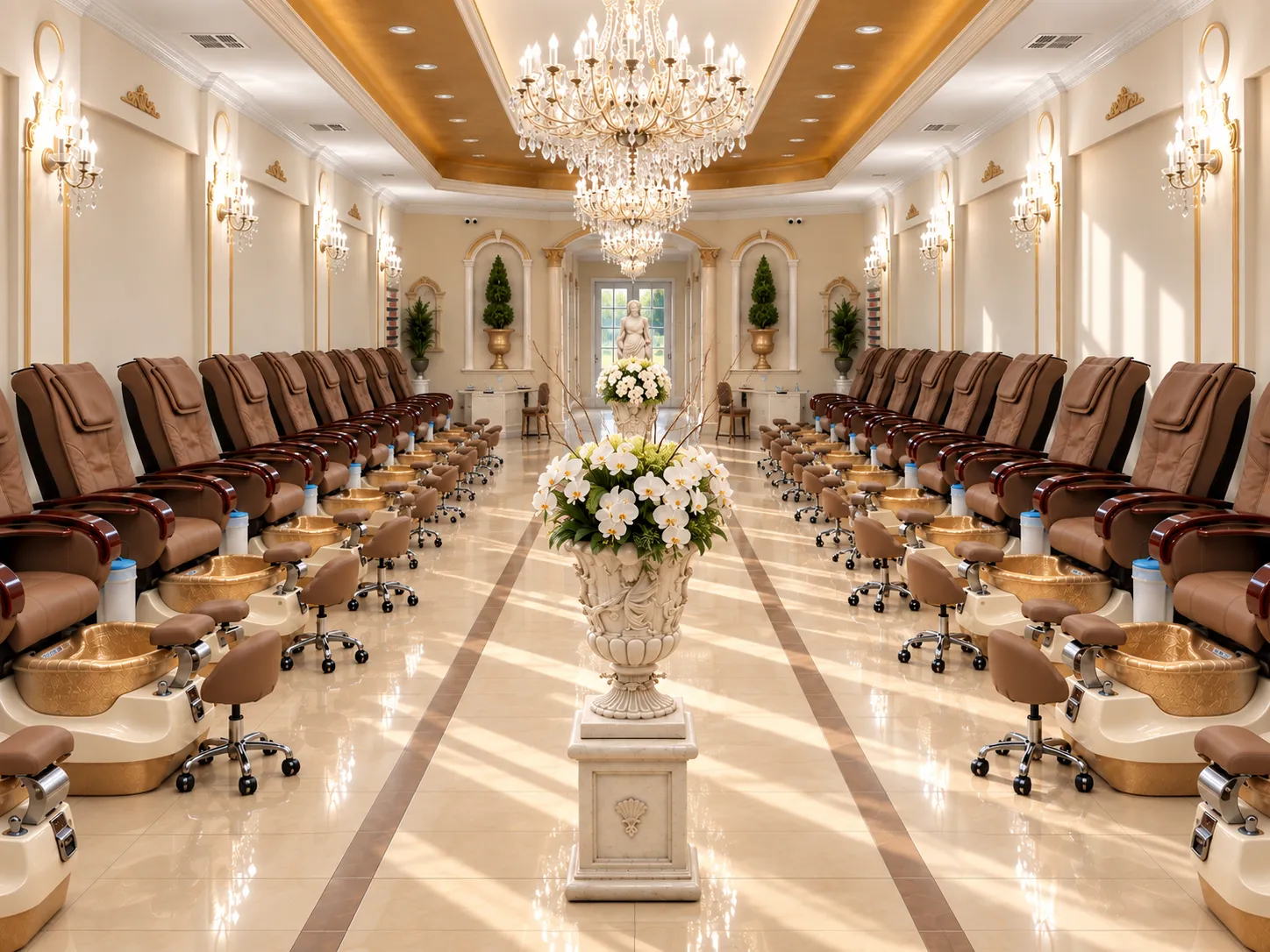 A wide central aisle beneath crystal chandeliers, with marble floors, gilded details, and two rows of pedicure chairs at 7 Sisters Nail Spa